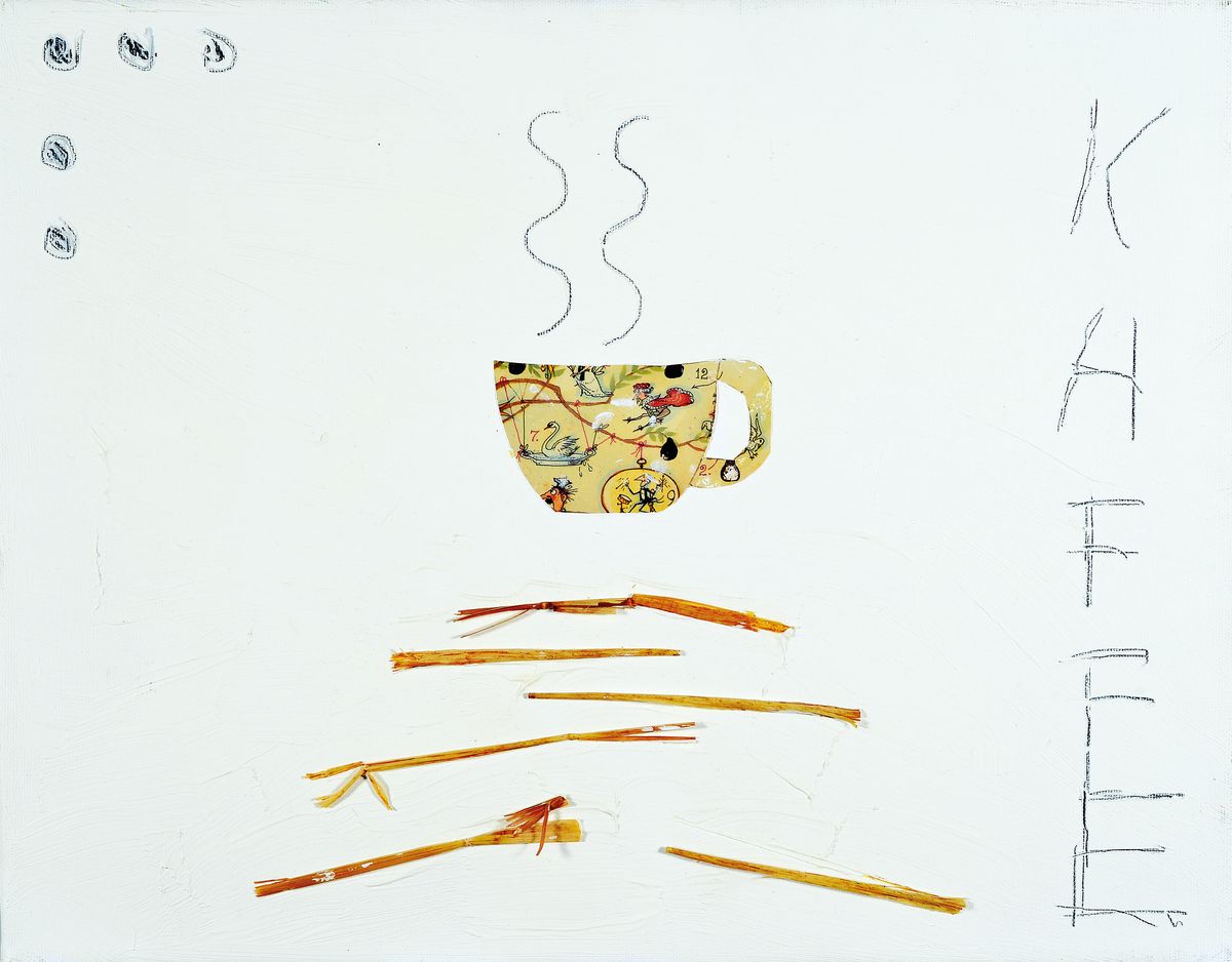 Bruno Obermann, geb. 1956 in Netphen, Kaffeepause, Acryl und Collage auf Lwd, rückseitig signiert, ca. 35x45cm