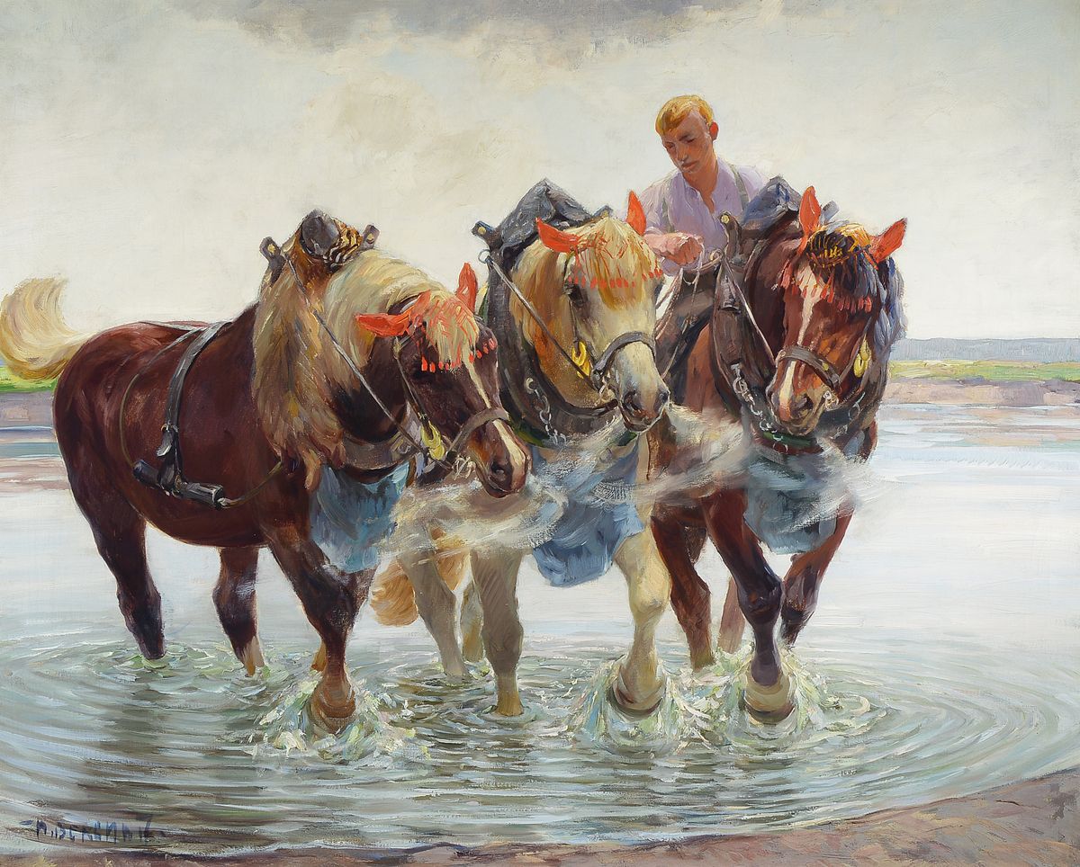 Max Bergmann, 1884 Fürstenberg-1955 Haimhausen, "In der Schwemme", so rückseitig auf dem Keilrahmen betitelt, junger Mann mit drei ...