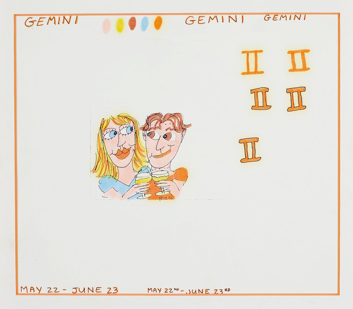 James Rizzi, 1930-2011, Gemini, Unikat, Zertifikat, unter Glas gerahmt, ca.26,5x29 cm leichte Gebrauchs-spuren am Rahmen zusehen