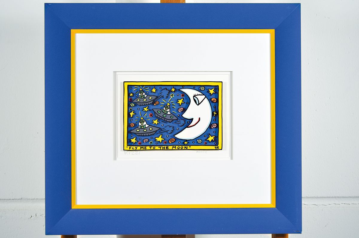 Detail k: James Rizzi, 1950-2011, 3D-Konstruktion, Fly me to the moon, handsign., dat. 95, num. xcII/C, u.Glas gerahmt, gesamt ca. 46x51 cm Rahmen l. ...