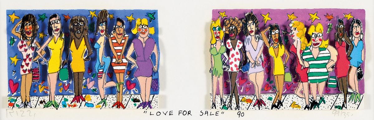 James Rizzi, 1950-2011, Love for sale, 3D-Konstruktion, handsign., dat. 99/350, dat. 90, unter Glas gerahmt, gesamt ca. 19x25 cm