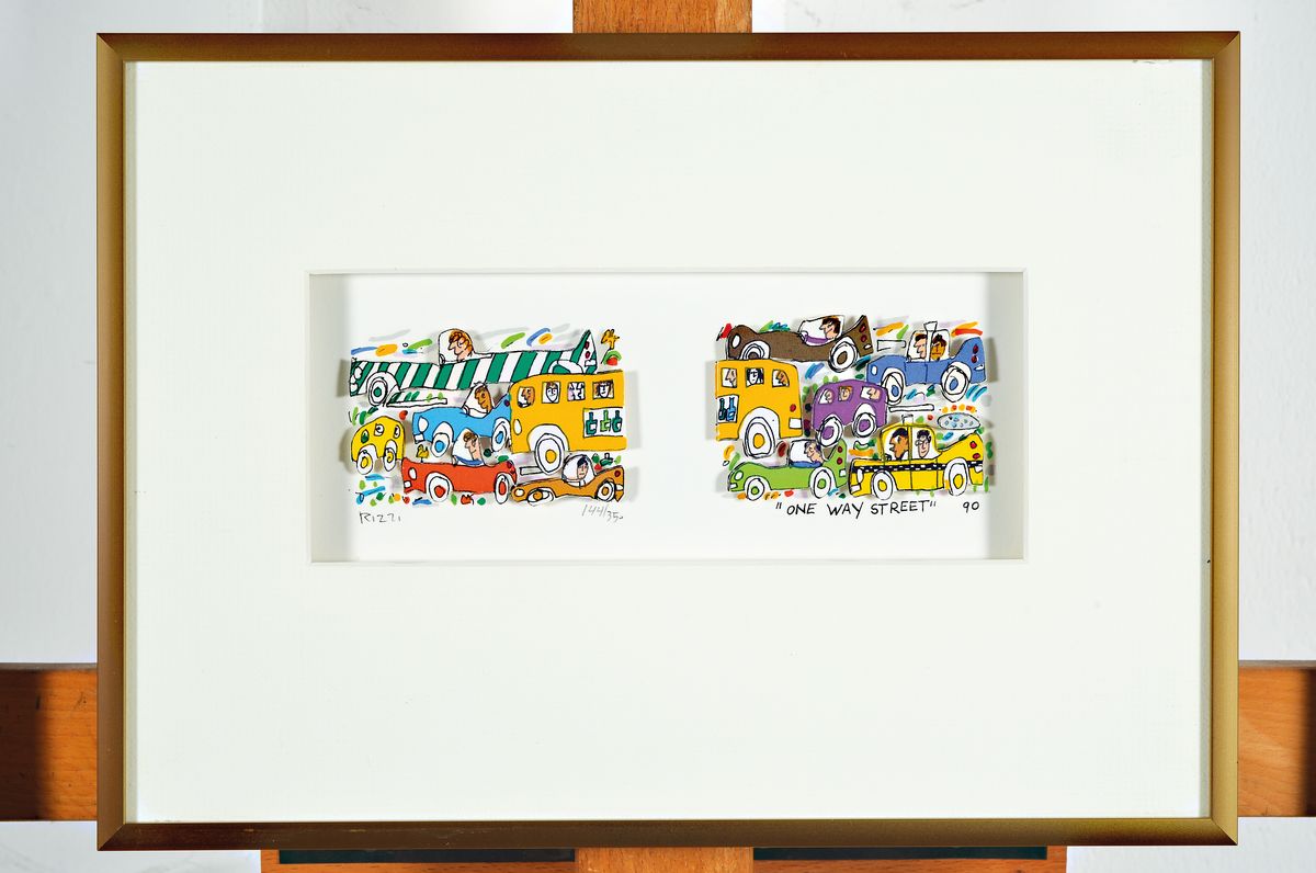 Detail k: James Rizzi, 1950-2011, 3D-Konstruktion, handsign., num. 144/350, dat.90, unter Glas gerahmt, gesamt ca. 22x31 cm