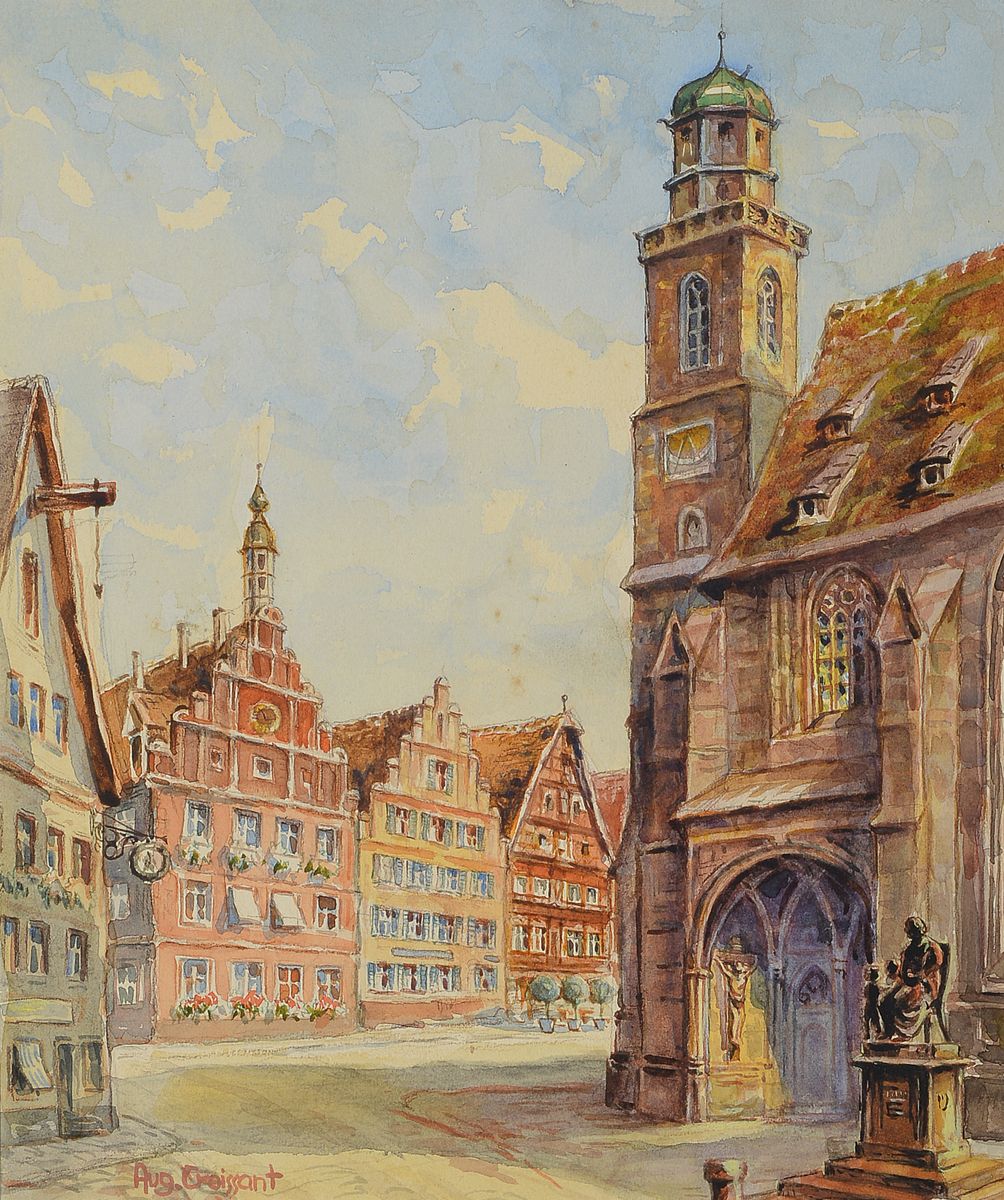 August Croissant, 1870 Edenkoben-1941 Landau, Ansicht von Dinkelsbühl, Aquarell/Papier, signiert, ca. 28 x 23 cm, unter Glas, Rahmen, 43 x 36 cm