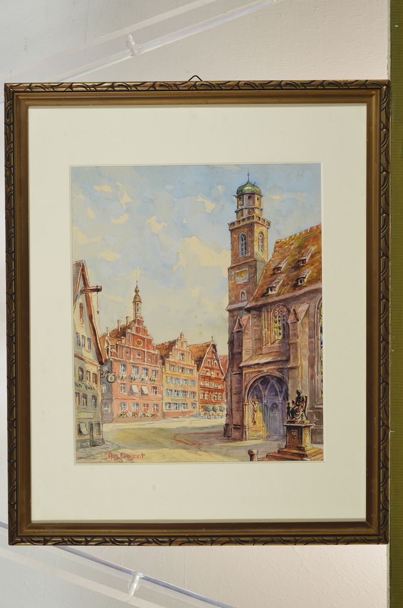 Detail k: August Croissant, 1870 Edenkoben-1941 Landau, Ansicht von Dinkelsbühl, Aquarell/Papier, signiert, ca. 28 x 23 cm, unter Glas, Rahmen, 43 x 36 cm