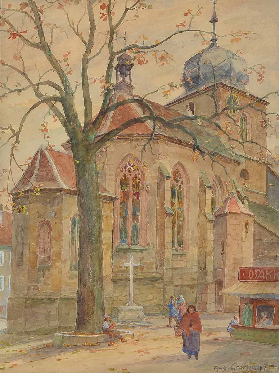 August Croissant, 1870 Edenkoben-1941 Landau, Wachenheim mit St. Georgskirche, Aquarell, signiert und dat. 36 38 x 29 cm, unter Glas, Rahmen ca. 70 x ...