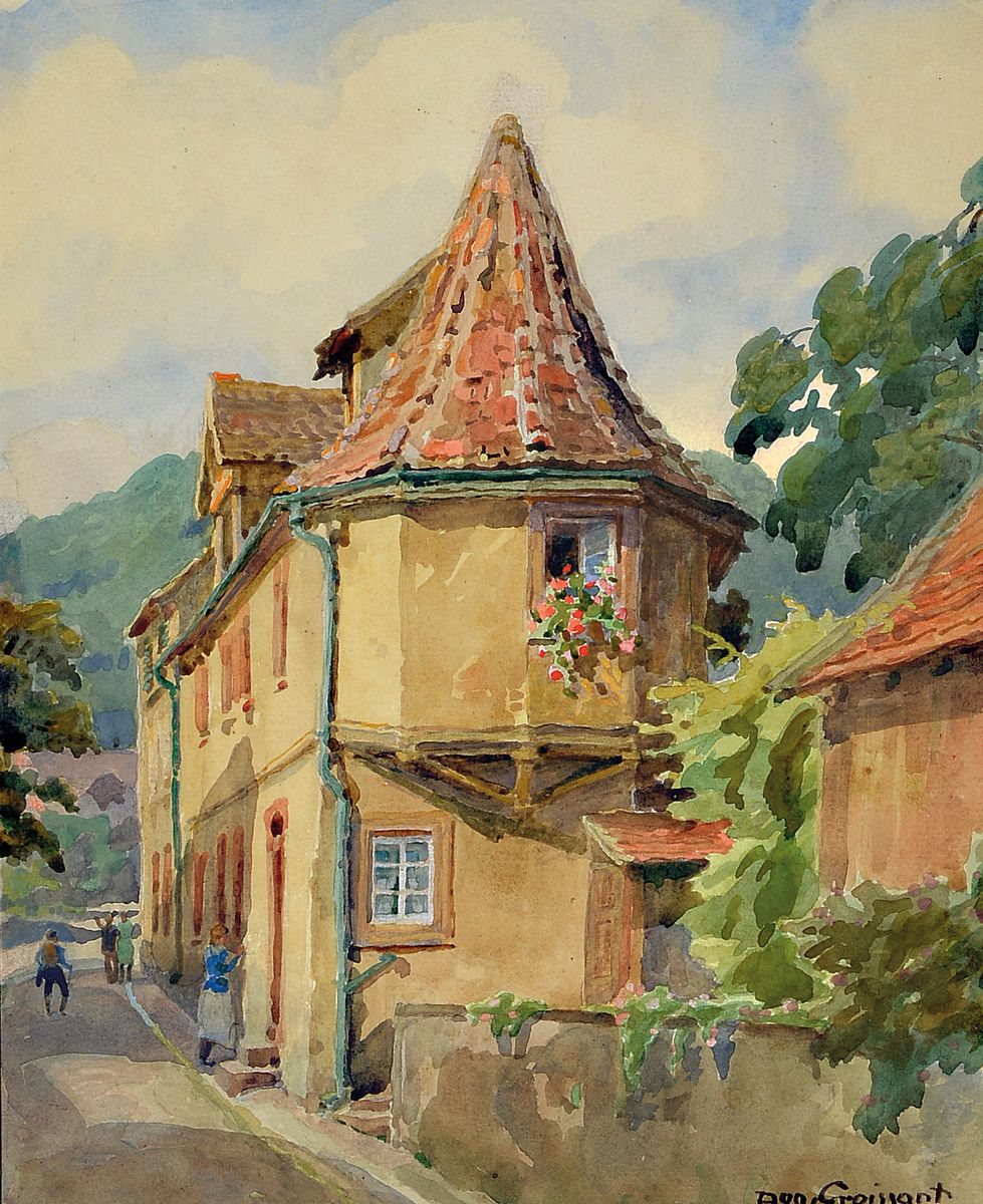 August Croissant, 1870 Edenkoben-1941 Landau, Pfälzer Darstellung, wohl Rhodt, Aquarell/Papier, signiert, 24 x 19 cm, unter Glas, Rahmen