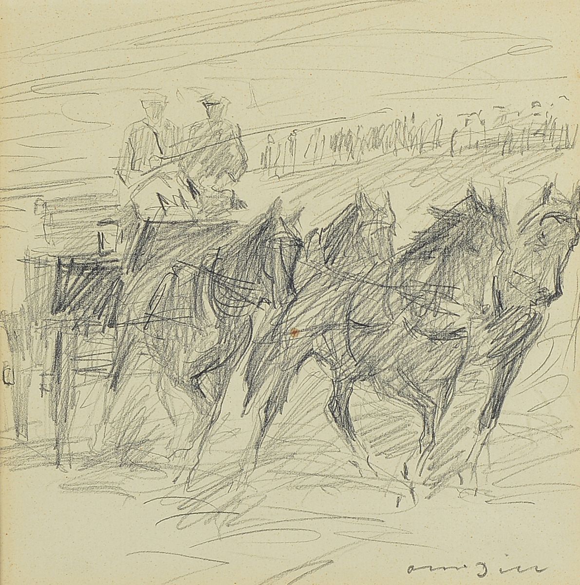 Otto Dill, 1884 Neustadt-1957 Bad Dürkheim, Bleistiftskizze, Vierspänner, re. unten signiert, ca. 21 x 22 cm, unter Glas, Rahmen