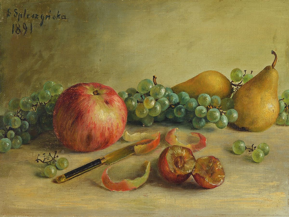 S. Spleszgiorka, wohl polnischer Maler, 19./20. Jh., Stillleben mit Obst, gute Stofflichkeit, Öl/Malkarton, li. oben signiert und dat. 1891, leichte ...