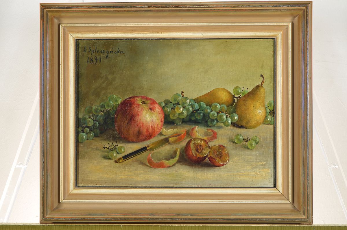 Detail k: S. Spleszgiorka, wohl polnischer Maler, 19./20. Jh., Stillleben mit Obst, gute Stofflichkeit, Öl/Malkarton, li. oben signiert und dat. 1891, leichte ...