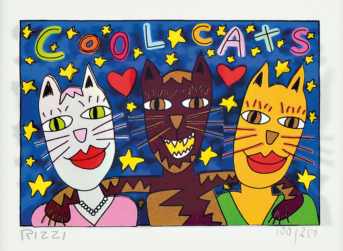 James Rizzi, 1930-2011, "Cool Cats", 3D-Konstruktion, drucksign., num. 100/350, unter Glas gerahmt, gesamt ca. 25x31 cm