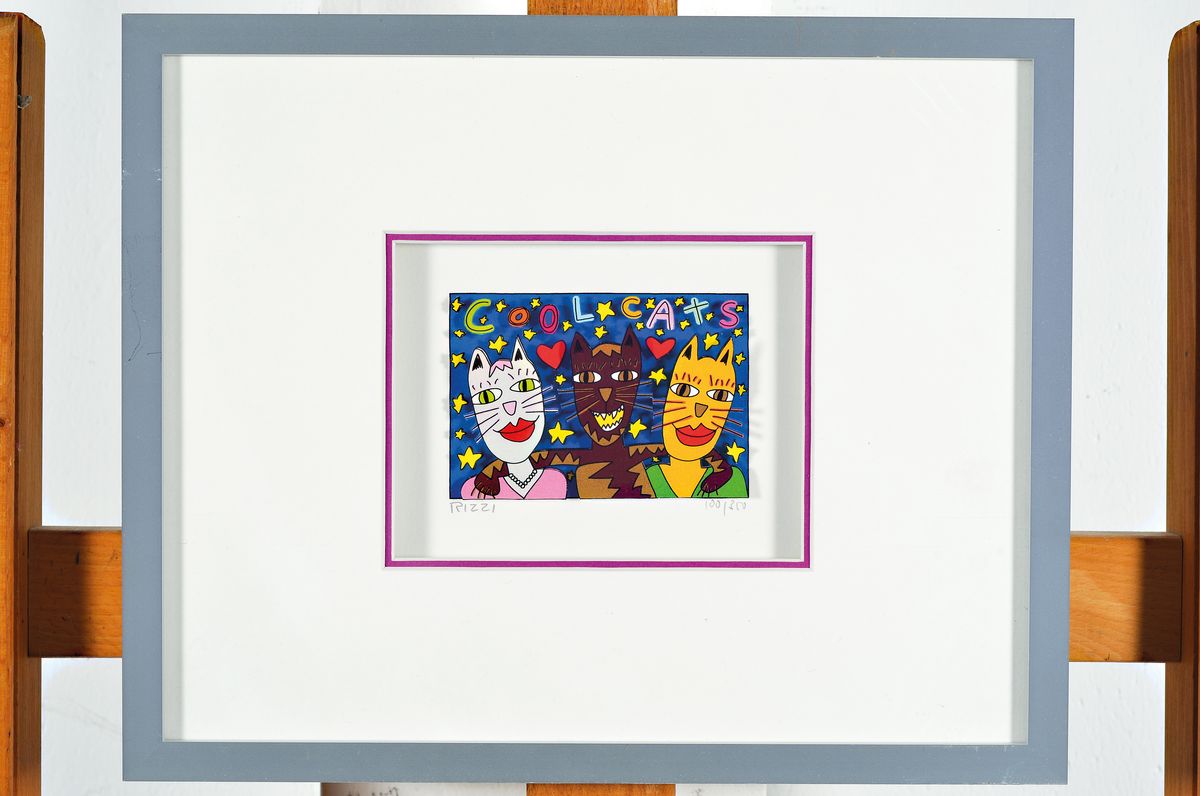 Detail k: James Rizzi, 1930-2011, "Cool Cats", 3D-Konstruktion, drucksign., num. 100/350, unter Glas gerahmt, gesamt ca. 25x31 cm