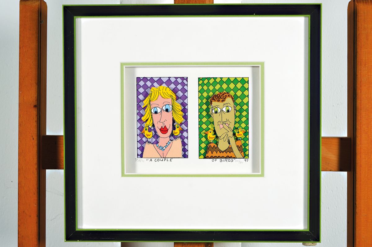 Detail k: James Rizzi, 1950-2011, "A Couple of Birds, 3D-Konstruktion, handsign, num. 211/350 , dat. 97, unter Glas gerahmt, ca. 29x30