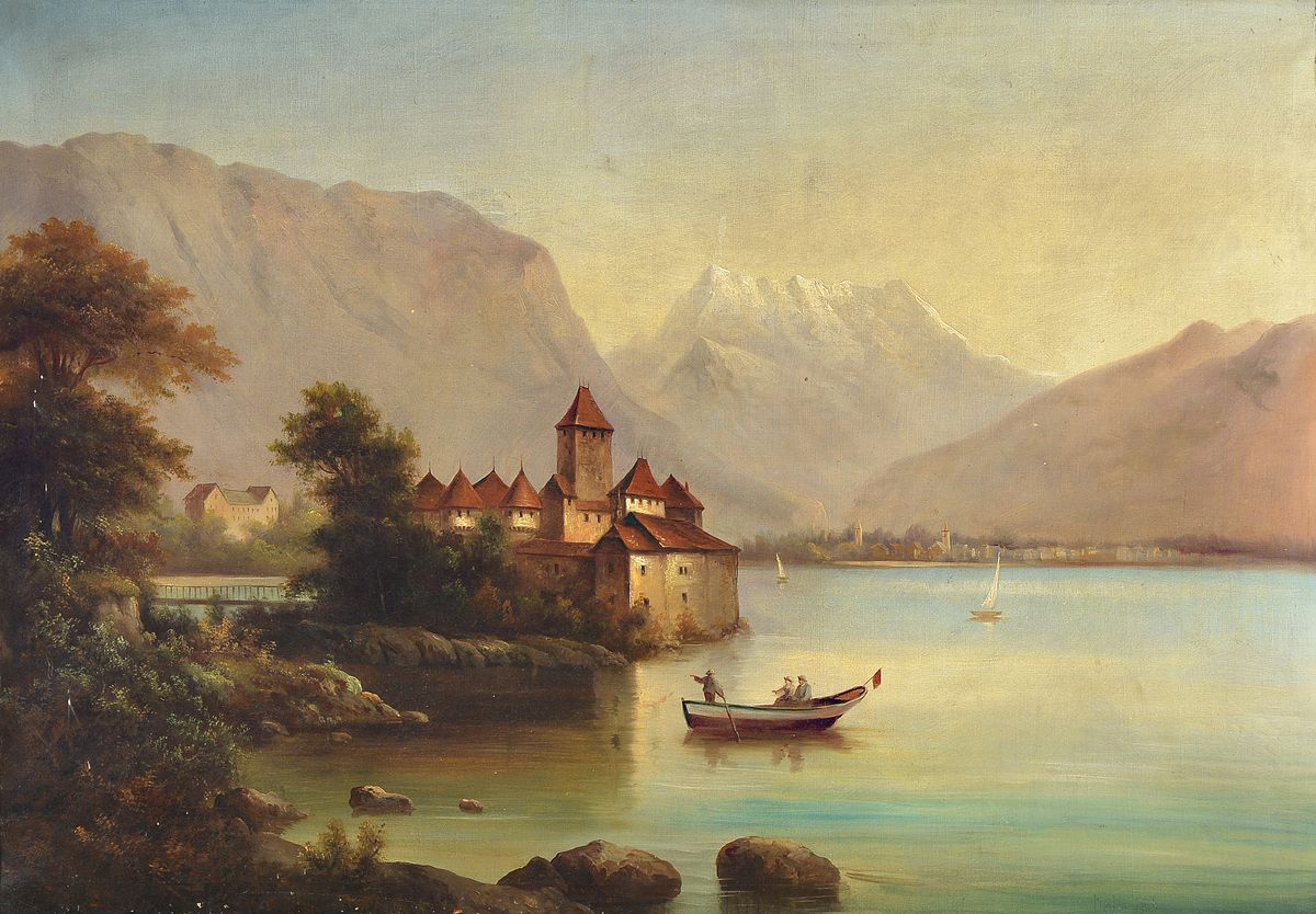 Romantiker, um 1870, Gebirgssee mit Schloß, Öl/Lwd, unsigniert, altersbedingt l. besch. bzw. verschmutzt, ca. 70 x 100 cm, Prunkrahmen aus der Zeit ...