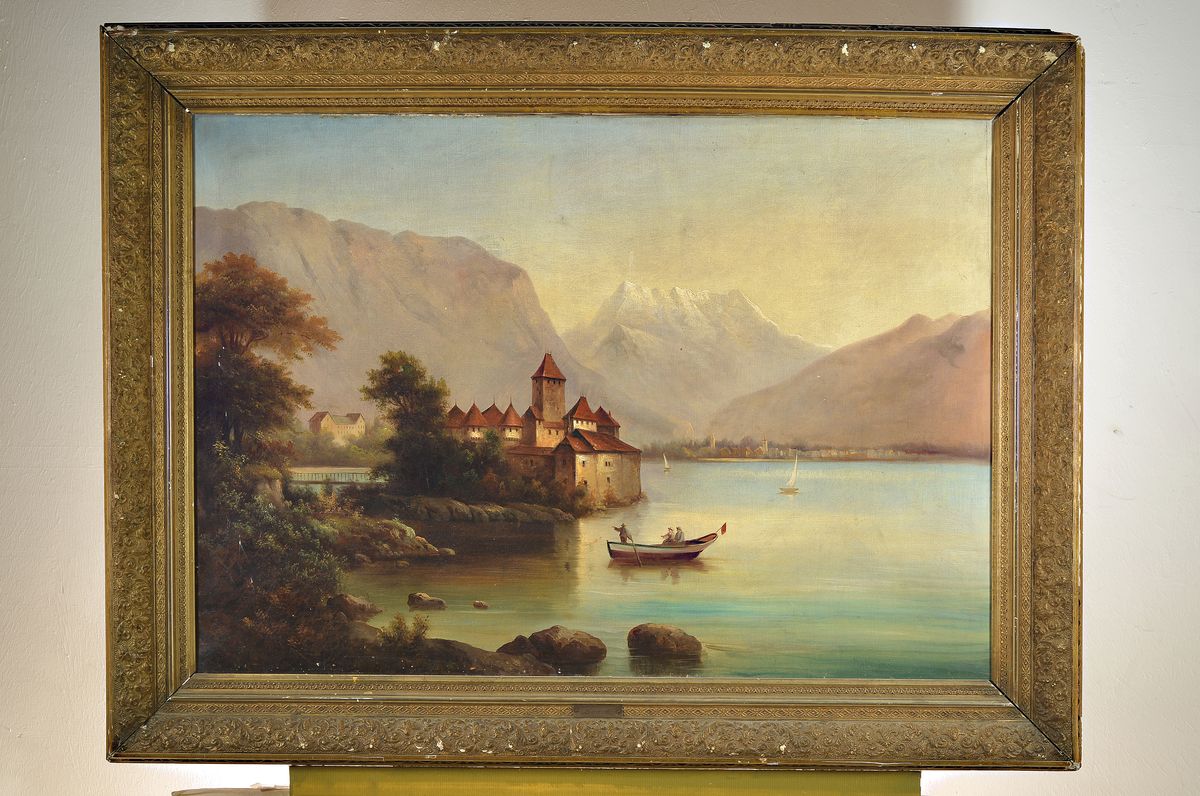 Detail k: Romantiker, um 1870, Gebirgssee mit Schloß, Öl/Lwd, unsigniert, altersbedingt l. besch. bzw. verschmutzt, ca. 70 x 100 cm, Prunkrahmen aus der Zeit ...