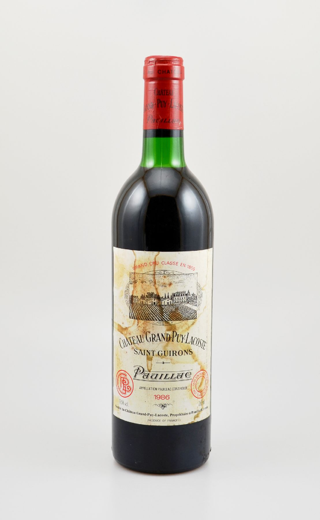 1 Flasche 1986 Chateau Grand-Puy-Lacoste, Saint Guirons, Pauillac, Grand Cru Classe, ca. 75 cl, 12.5 % Vol., Füllstand: ca. top shoulder, Etikett ...