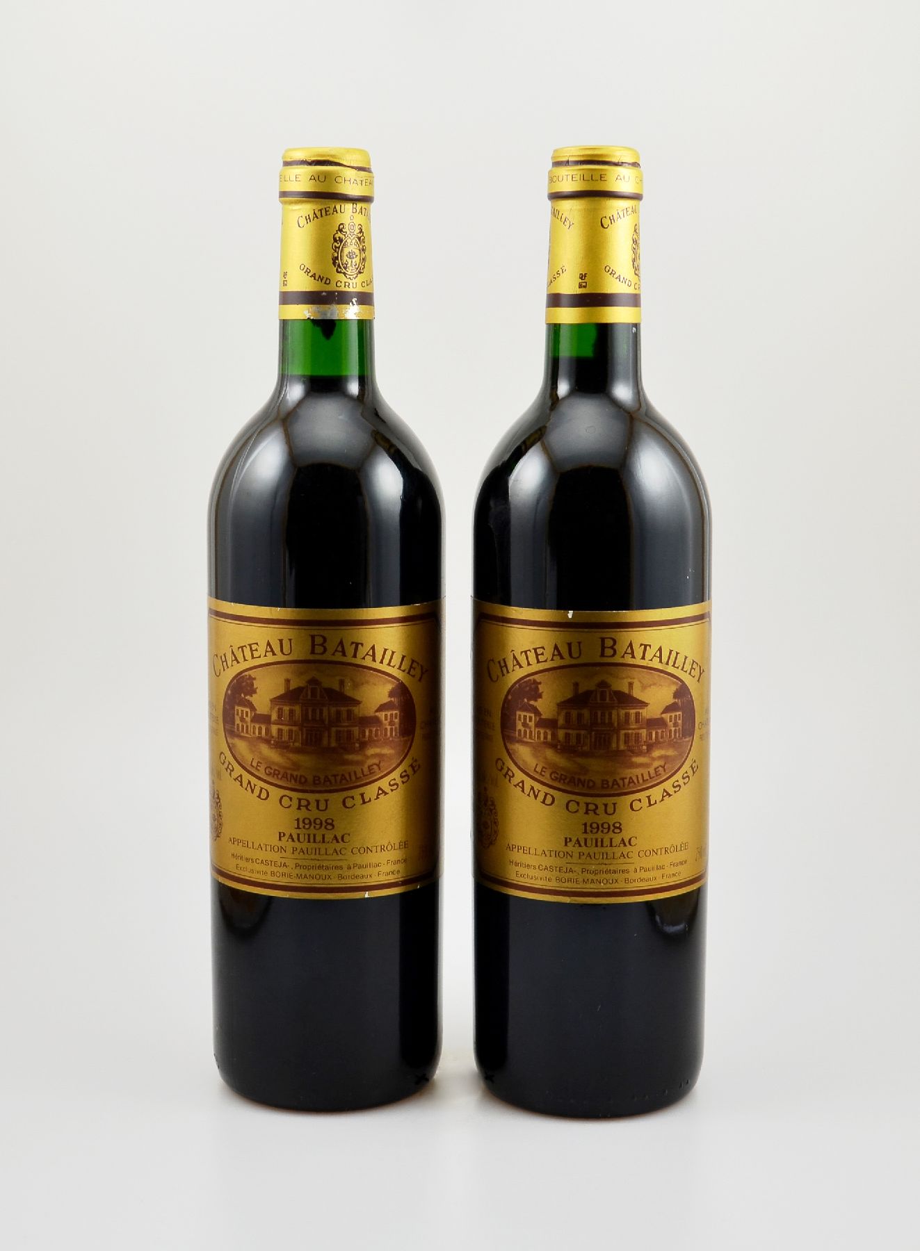2 Flaschen 1998 Chateau Batailley, Pauillac, Grand Cru Classe, je ca. 75 cl, 12,5 % Vol., Füllstände: je ca. into neck, gute Erhaltungszustände, ...