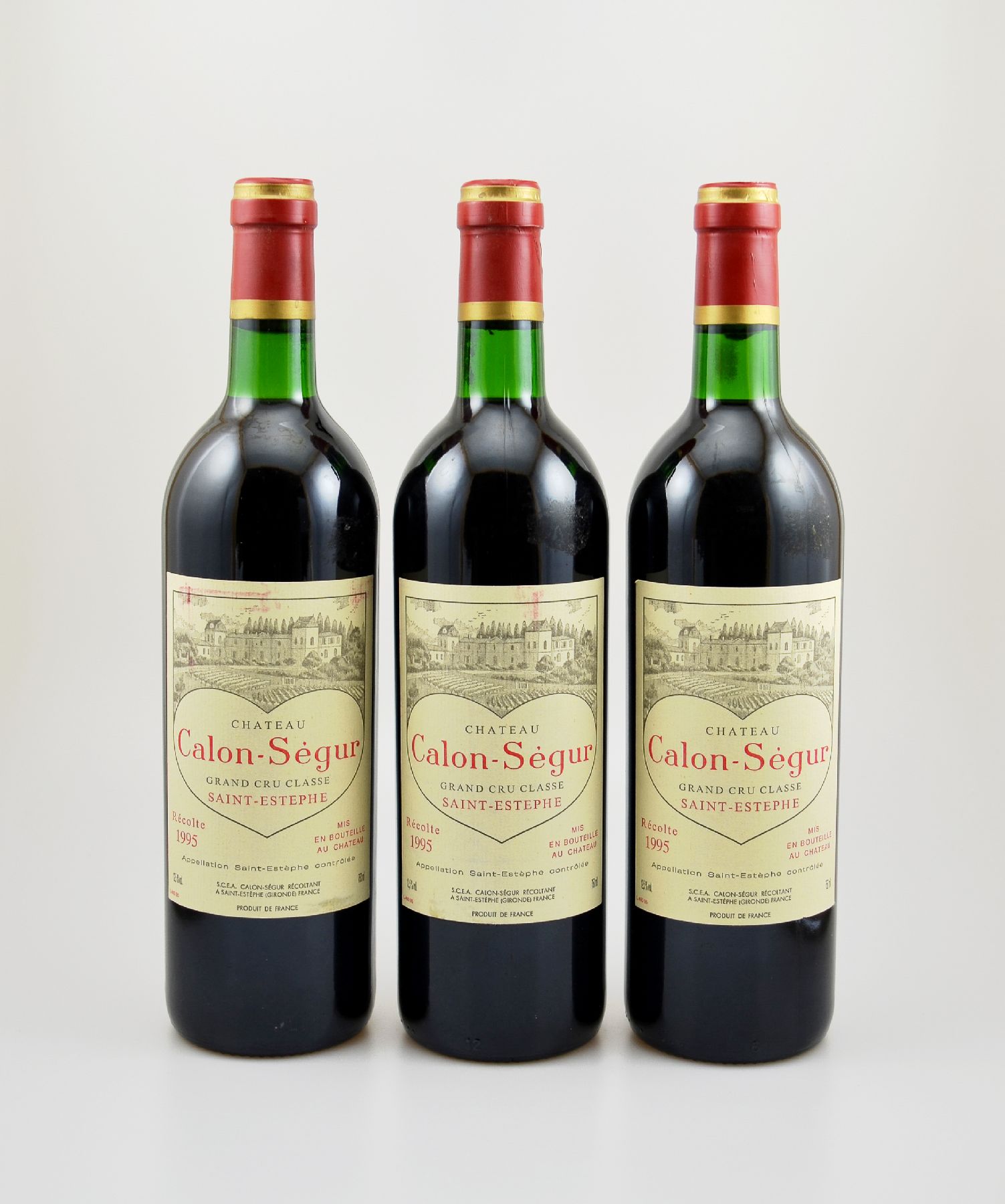 3 Flaschen 1995 Chateau Calon-Segur, Saint-Estephe, Grand Cru Classe, je ca. 75 cl, 12,5 % Vol., Füllstände: je top shoulder, gute ...