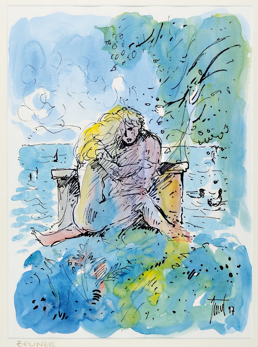 Georg Günter Zeuner, 1923 Dresden - 2011 Speyer, zwei Aquarelle/Papier, a. "Der Gruss", Paar beim Sonnenuntergang ein Segelboot grüßend, ...