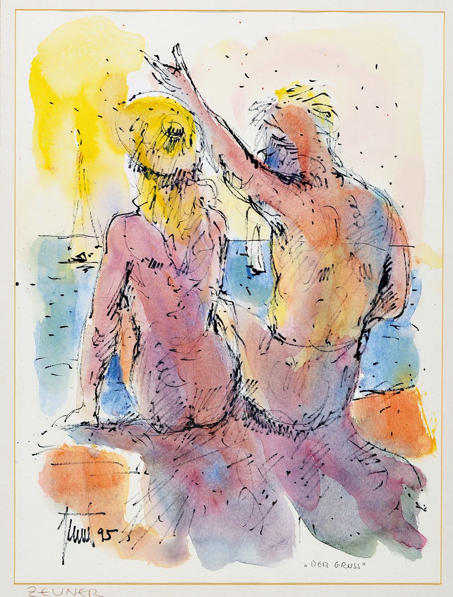 Detail a: Georg Günter Zeuner, 1923 Dresden - 2011 Speyer, zwei Aquarelle/Papier, a. "Der Gruss", Paar beim Sonnenuntergang ein Segelboot grüßend, ...