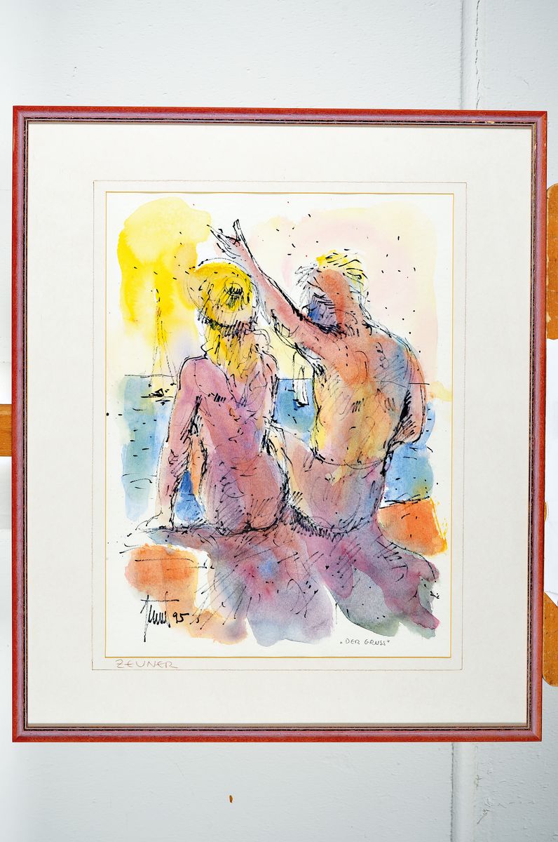 Detail l: Georg Günter Zeuner, 1923 Dresden - 2011 Speyer, zwei Aquarelle/Papier, a. "Der Gruss", Paar beim Sonnenuntergang ein Segelboot grüßend, ...