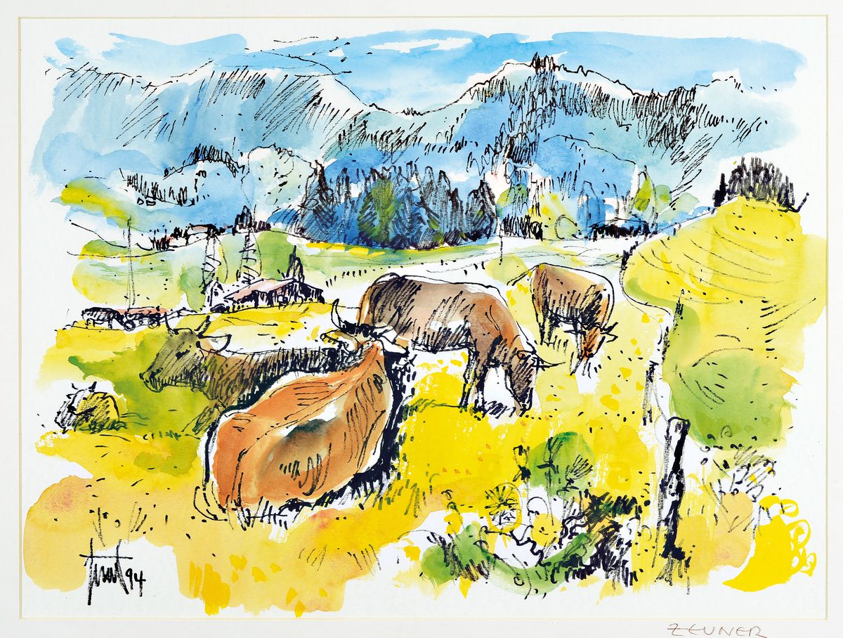 Detail b: Günther Zeuner, 1923 Dresden - 2011 Speyer, Aquarell, Kühe auf der Weide, signiert, ca. 34 x 45.5 cm, b. zwei Ansichten von Böhl Iggelheim, ...