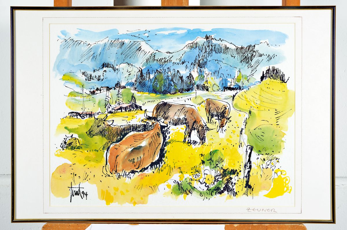 Detail m: Günther Zeuner, 1923 Dresden - 2011 Speyer, Aquarell, Kühe auf der Weide, signiert, ca. 34 x 45.5 cm, b. zwei Ansichten von Böhl Iggelheim, ...