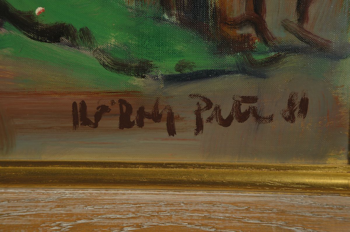 Detail a: Hans Rolf Peter, 1926, Mandelblüte am Leopold Reitz Weg in Neustadt, /Malkarton, signiert, rückseitig bez., 70 x 100 cm, ca. 80x111 cm, Rahmen