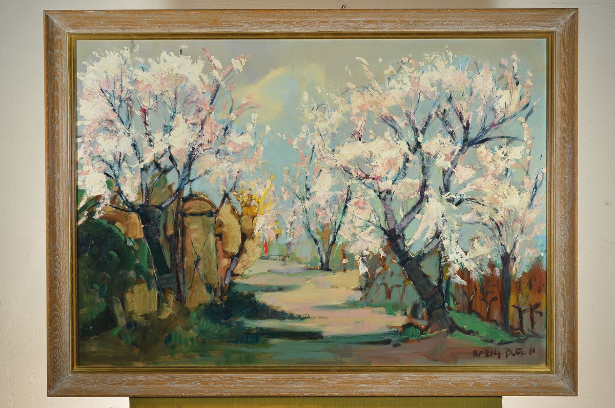 Detail k: Hans Rolf Peter, 1926, Mandelblüte am Leopold Reitz Weg in Neustadt, /Malkarton, signiert, rückseitig bez., 70 x 100 cm, ca. 80x111 cm, Rahmen