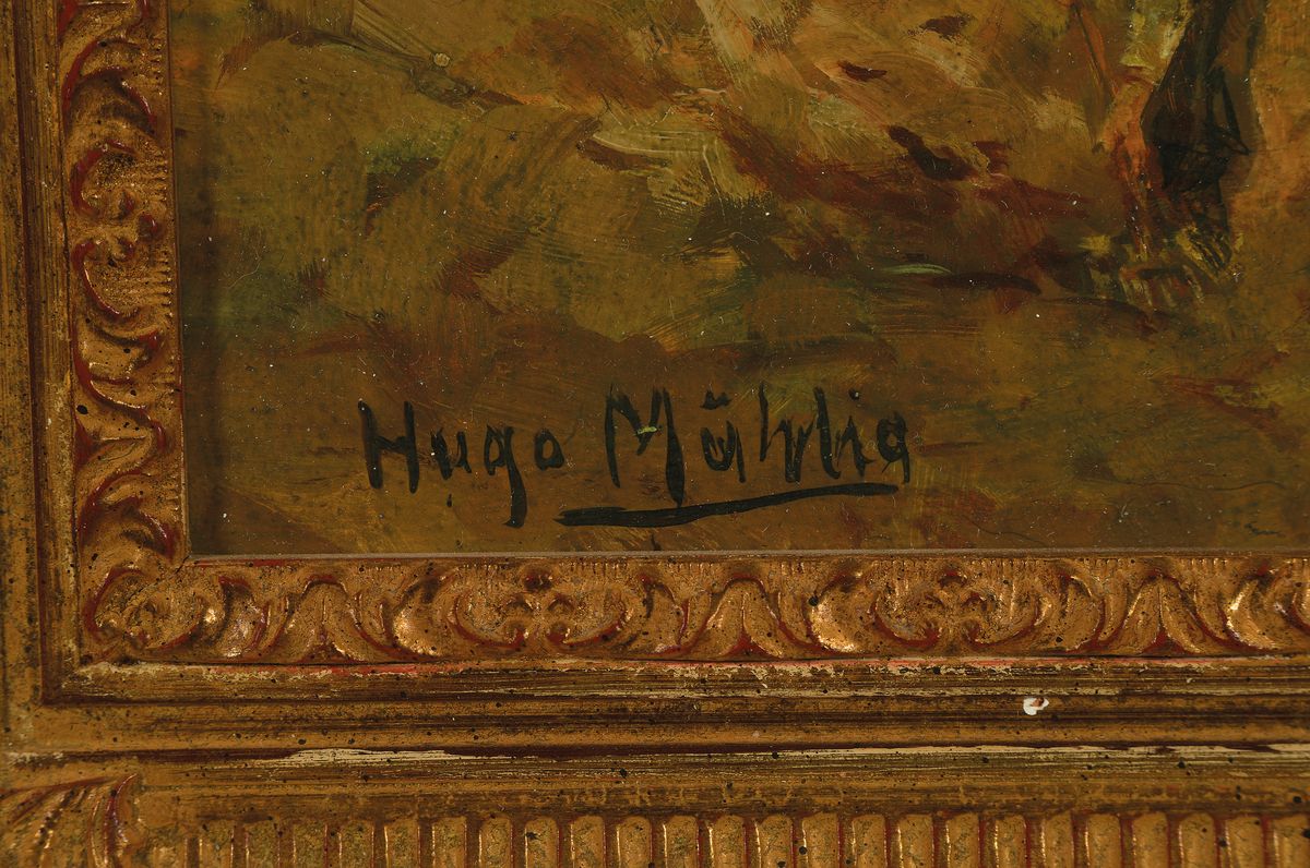 Detail a: Hugo Mühlig, 1854 Dresden-1929 Düsseldorf, Bauern bei der Kartoffelernte, seitlich eine Windmühle, Öl/Holz, links unten signiert, ca. 24x30cm, R. ...