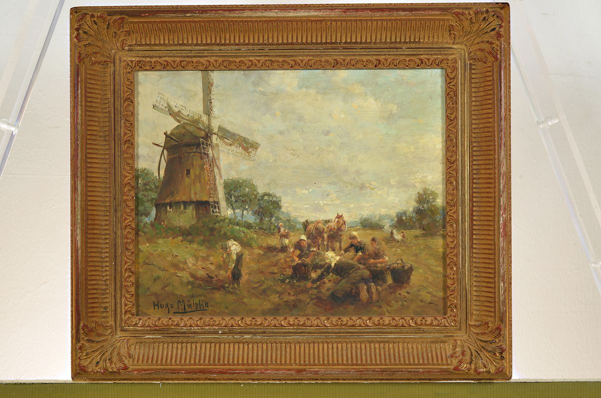 Detail k: Hugo Mühlig, 1854 Dresden-1929 Düsseldorf, Bauern bei der Kartoffelernte, seitlich eine Windmühle, Öl/Holz, links unten signiert, ca. 24x30cm, R. ...