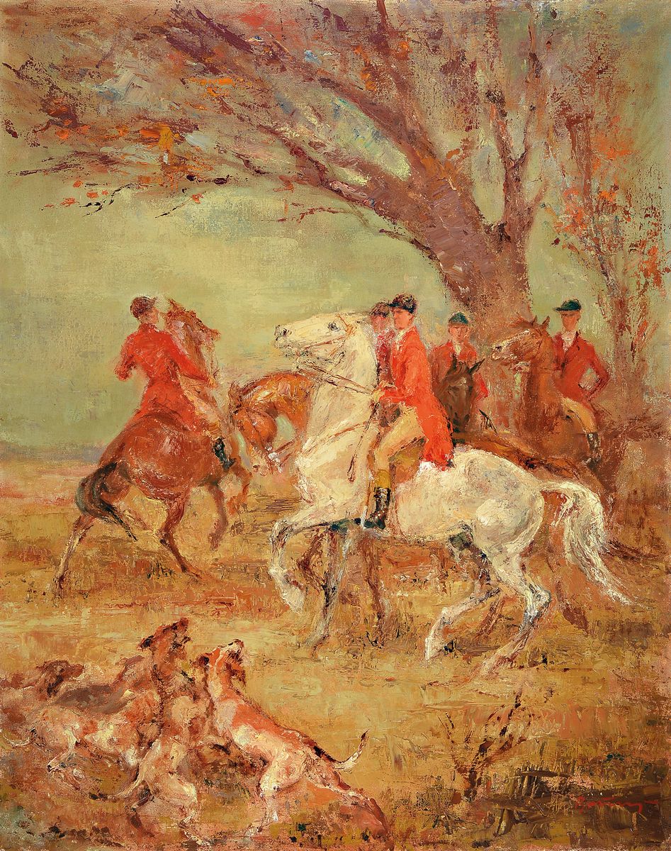 Johnny (Hans-Heinz) Bruns, 1909 Berlin-1953 Frankenthal, Aufbruch zur Fuchsjagd, Öl/Lwd, rechts unten signiert, ca. 100x80cm, R. ca. 110x90cm