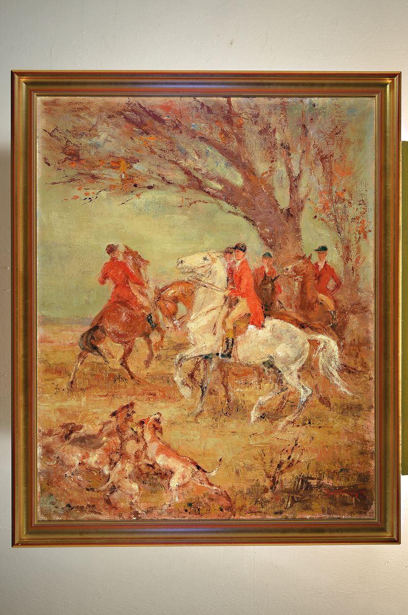 Detail k: Johnny (Hans-Heinz) Bruns, 1909 Berlin-1953 Frankenthal, Aufbruch zur Fuchsjagd, Öl/Lwd, rechts unten signiert, ca. 100x80cm, R. ca. 110x90cm