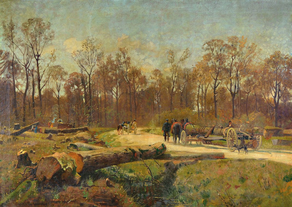 Kopie nach Paul von Ravenstein, 1854-1938, Holzfäller im Durlacher Wald, Öl/Lwd, links unten signiert: cop.n. P. v. Ravenstein, ca. 85x118cm, ca. ...