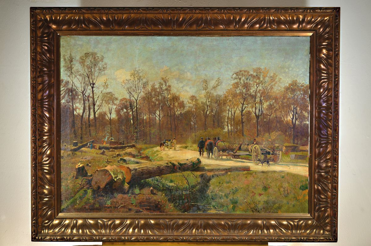 Detail k: Kopie nach Paul von Ravenstein, 1854-1938, Holzfäller im Durlacher Wald, Öl/Lwd, links unten signiert: cop.n. P. v. Ravenstein, ca. 85x118cm, ca. ...