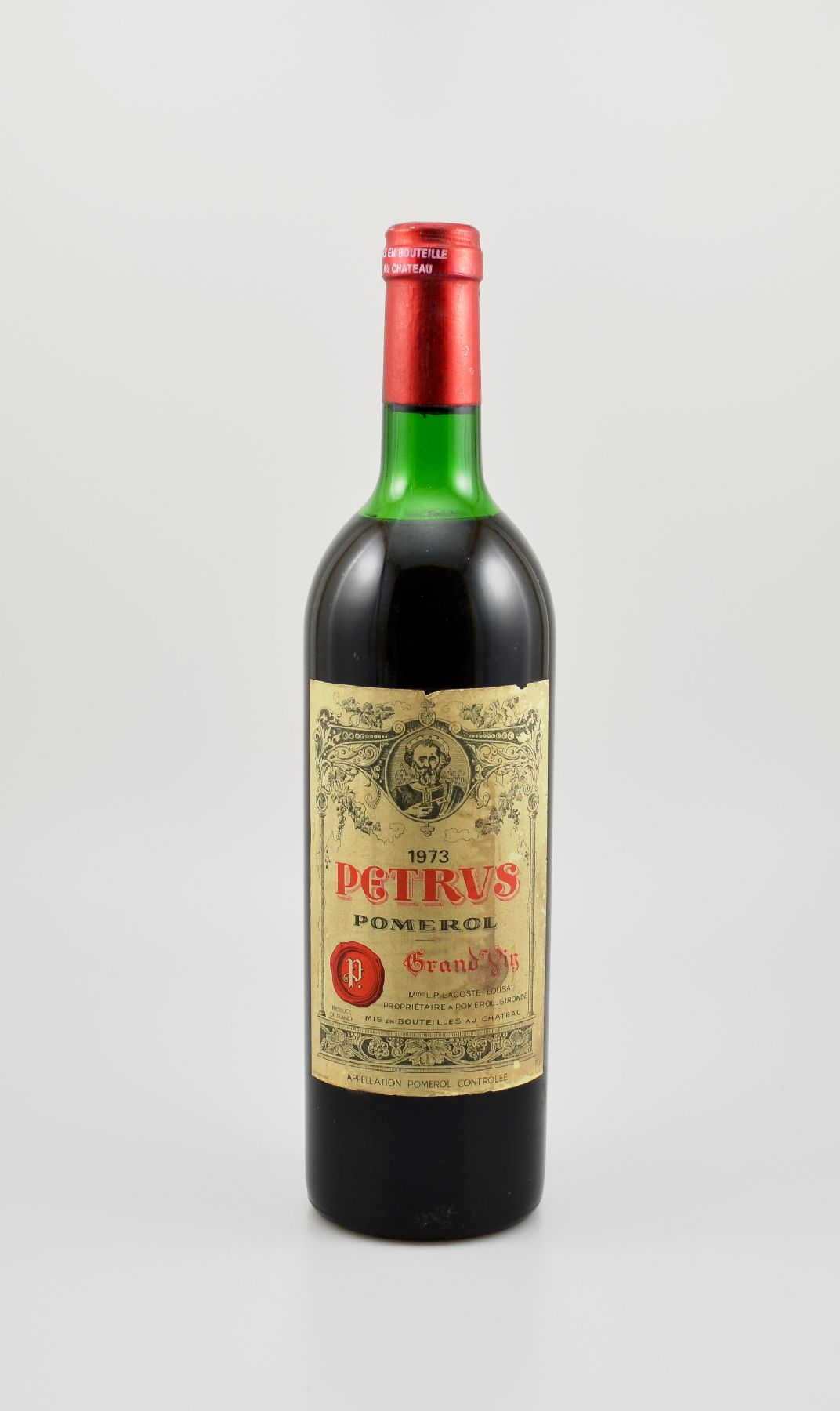 1 Flasche 1973 Petrus, Pomerol, ca. 73 cl, Füllstand: ca. upper mid shoulder, Etikett l. beschmutzt, unverkostet, Provenienz: Aus einer privaten ...