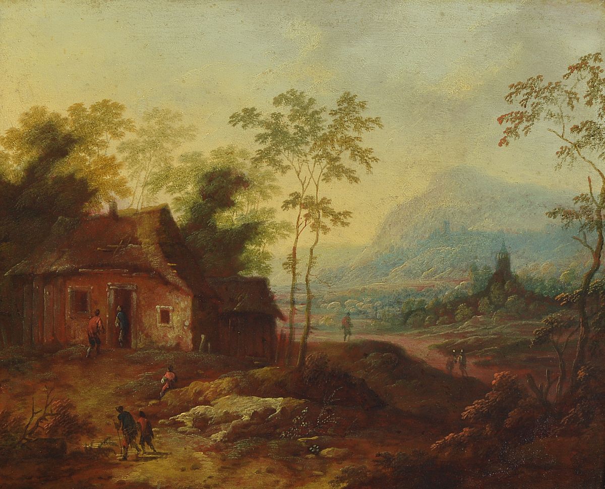 Niederländischer Künstler, um 1830, Öl/Metallplatte, feine spätromantische Landschaftsmalerei, im Vordergrund Bauernhaus mit Personen, gekonnte ...