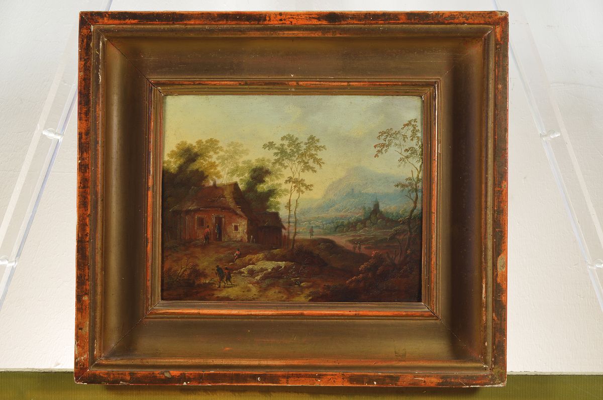 Detail k: Niederländischer Künstler, um 1830, Öl/Metallplatte, feine spätromantische Landschaftsmalerei, im Vordergrund Bauernhaus mit Personen, gekonnte ...