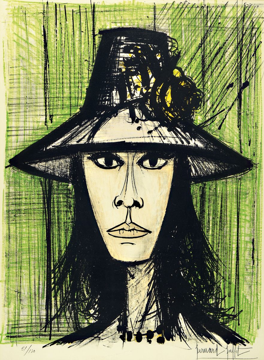 Bernard Buffet, 1928-1999, Porträt einer Frau mit Hut, Litho, handsigniert und num. 51/130, 70 x 52 cm, PP Ausschnitt, unter Glas, Rahmen: 85 x 65 ...