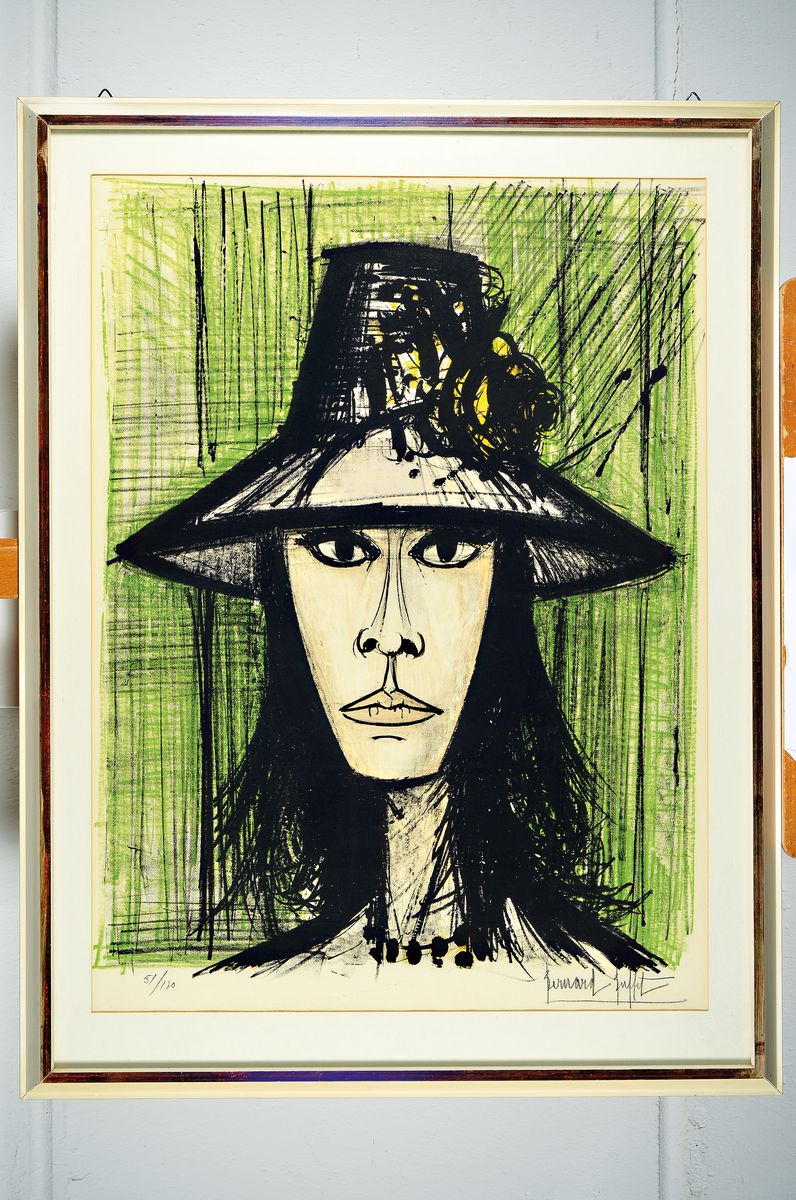 Detail k: Bernard Buffet, 1928-1999, Porträt einer Frau mit Hut, Litho, handsigniert und num. 51/130, 70 x 52 cm, PP Ausschnitt, unter Glas, Rahmen: 85 x 65 ...