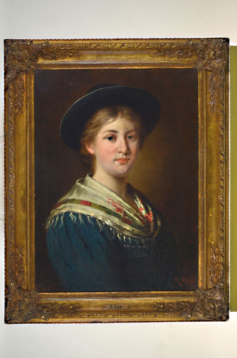 Detail k: Rudolf Epp, 1834 Eberbach-1910 München, Porträt einer jungen Frau, Öl/Lwd, signiert, ältere Restauration, orig. Prunkrahmen ca. 83 x 66 cm