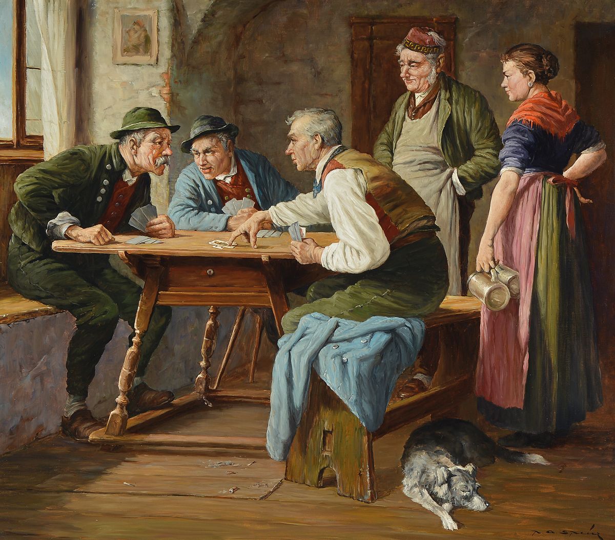 Peter Albert Speier, 1920-1998, Karten spielende Männer im Gasthaus, Öl/Lwd, rechts unten signiert, ca. 70x80cm, R. ca. 90x100cm