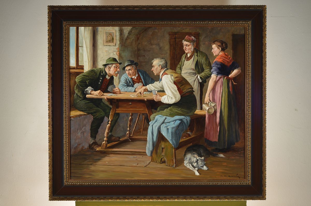 Detail k: Peter Albert Speier, 1920-1998, Karten spielende Männer im Gasthaus, Öl/Lwd, rechts unten signiert, ca. 70x80cm, R. ca. 90x100cm