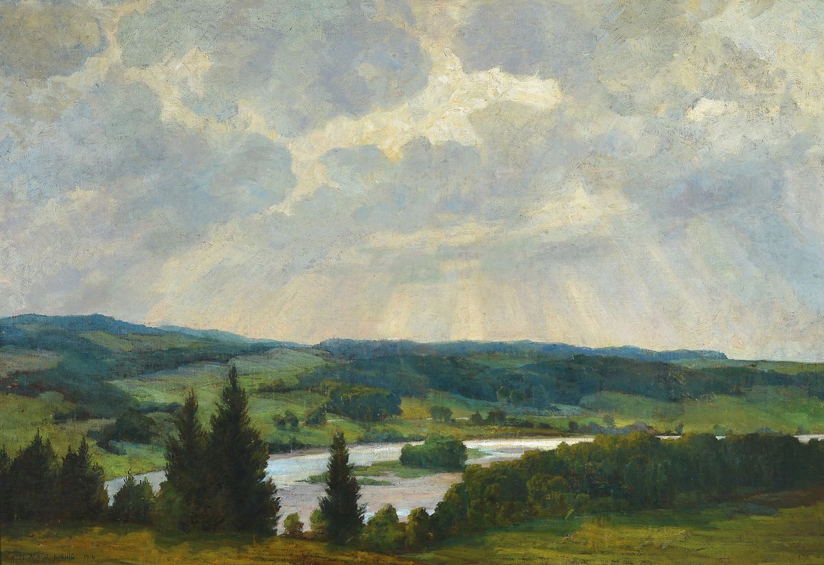 Marie Albert König, 1866-1927, Weite Landschaft mit Bachlauf, nach einem Gewitter, Öl/Lwd, links unten signiert, ca. 73x106cm, R.