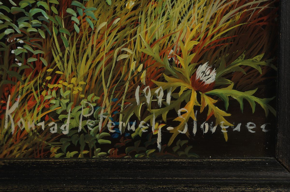 Detail a: Konrad Peternelj, 1936-2000, Mühlenlandschaft mit Personen, Hinterglasmalerei, re. u. signiert und dat. 1991, 72 x 53 cm, Rahmen 90 x 69 cm, l. ...