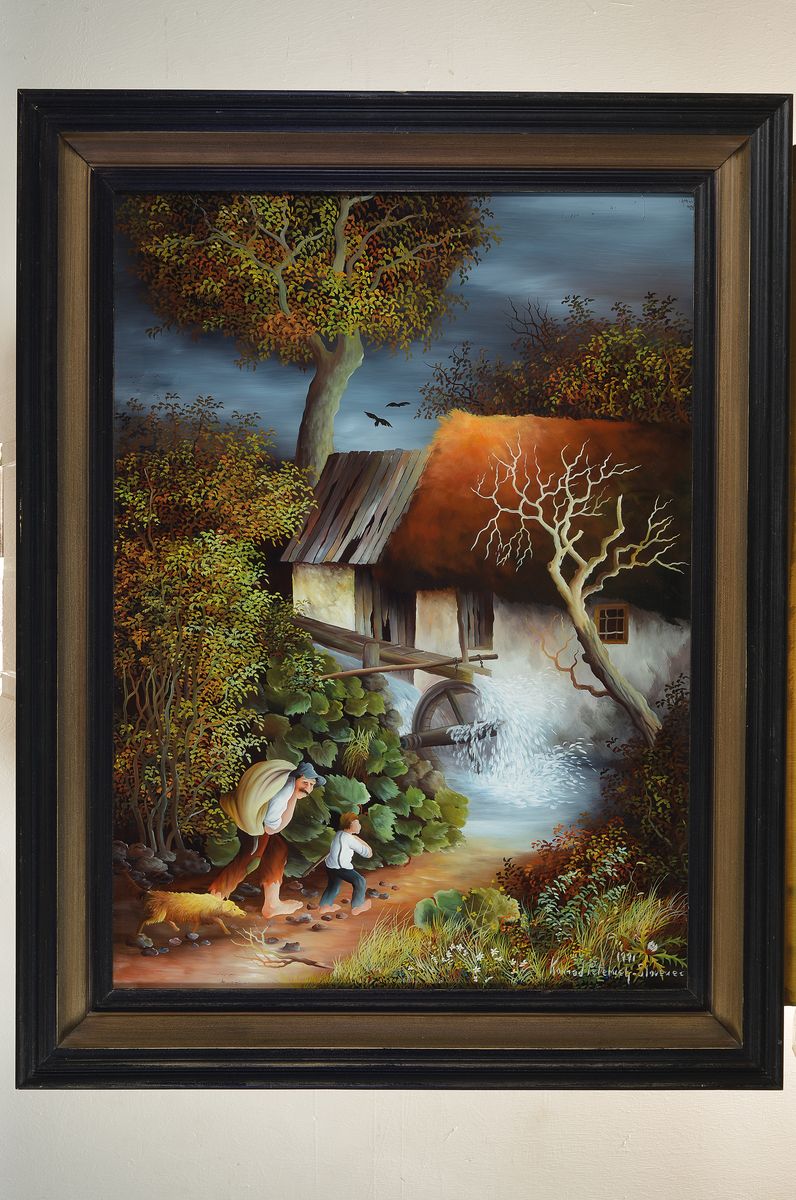 Detail k: Konrad Peternelj, 1936-2000, Mühlenlandschaft mit Personen, Hinterglasmalerei, re. u. signiert und dat. 1991, 72 x 53 cm, Rahmen 90 x 69 cm, l. ...