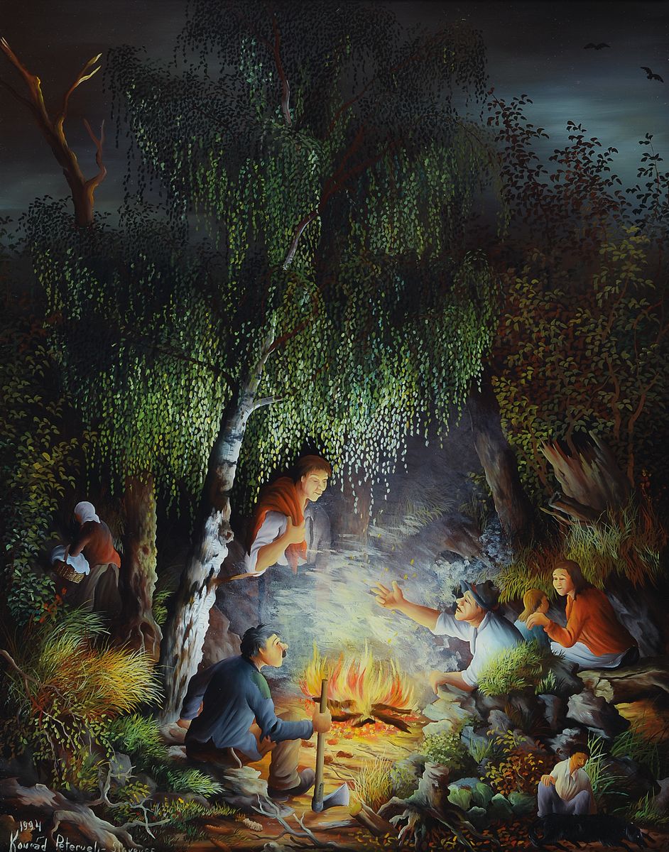 Konrad Peternelj, 1936-2000, zwei Hinterglasmalereien: 1x am Lagerfeuer, dat. 1994, signiert, ca. 58 x 45 cm, Rahmen:74 x 61 cm; 1x rastende Bauern ...