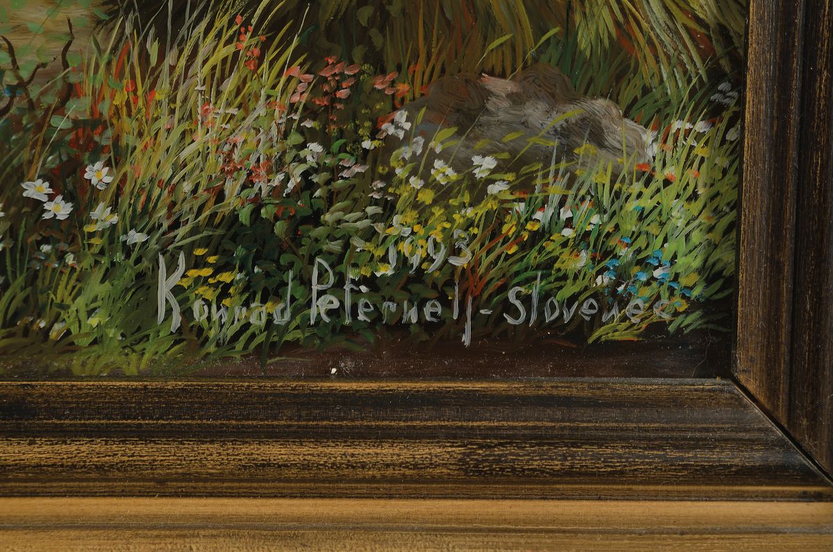 Detail b: Konrad Peternelj, 1936-2000, zwei Hinterglasmalereien: 1x am Lagerfeuer, dat. 1994, signiert, ca. 58 x 45 cm, Rahmen:74 x 61 cm; 1x rastende Bauern ...
