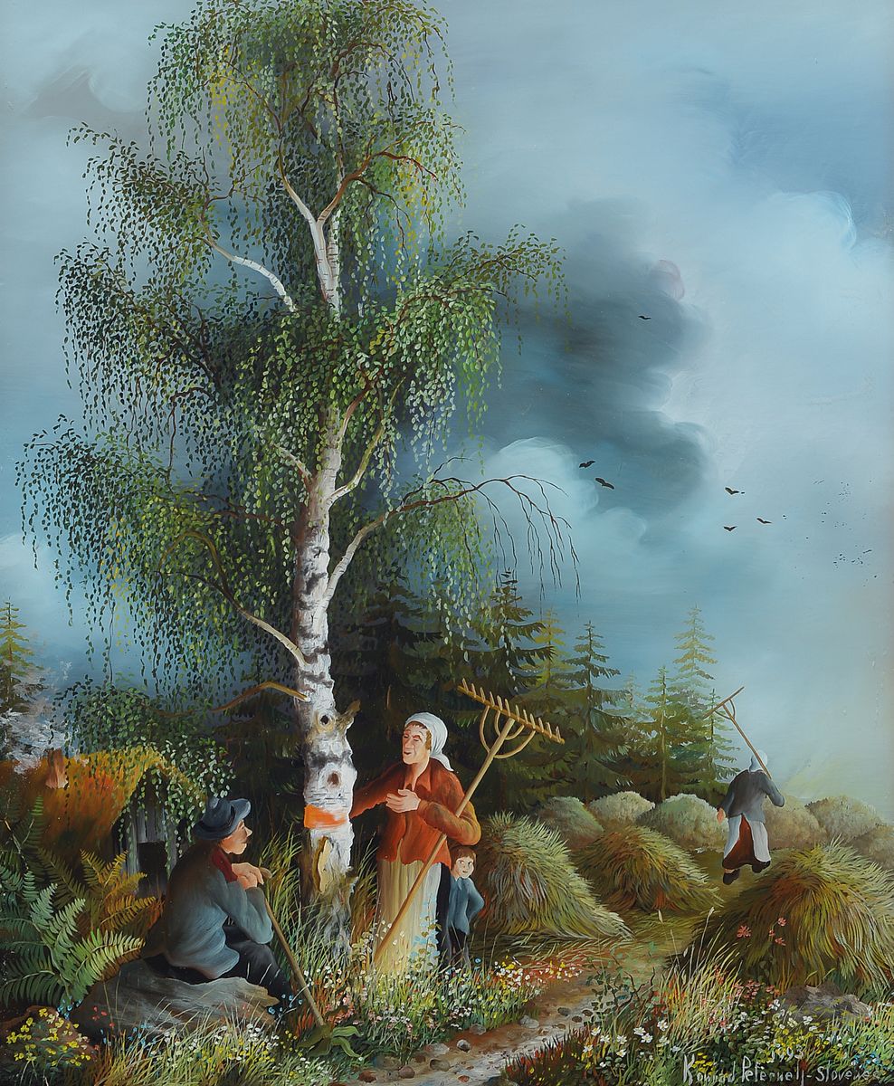 Detail c: Konrad Peternelj, 1936-2000, zwei Hinterglasmalereien: 1x am Lagerfeuer, dat. 1994, signiert, ca. 58 x 45 cm, Rahmen:74 x 61 cm; 1x rastende Bauern ...