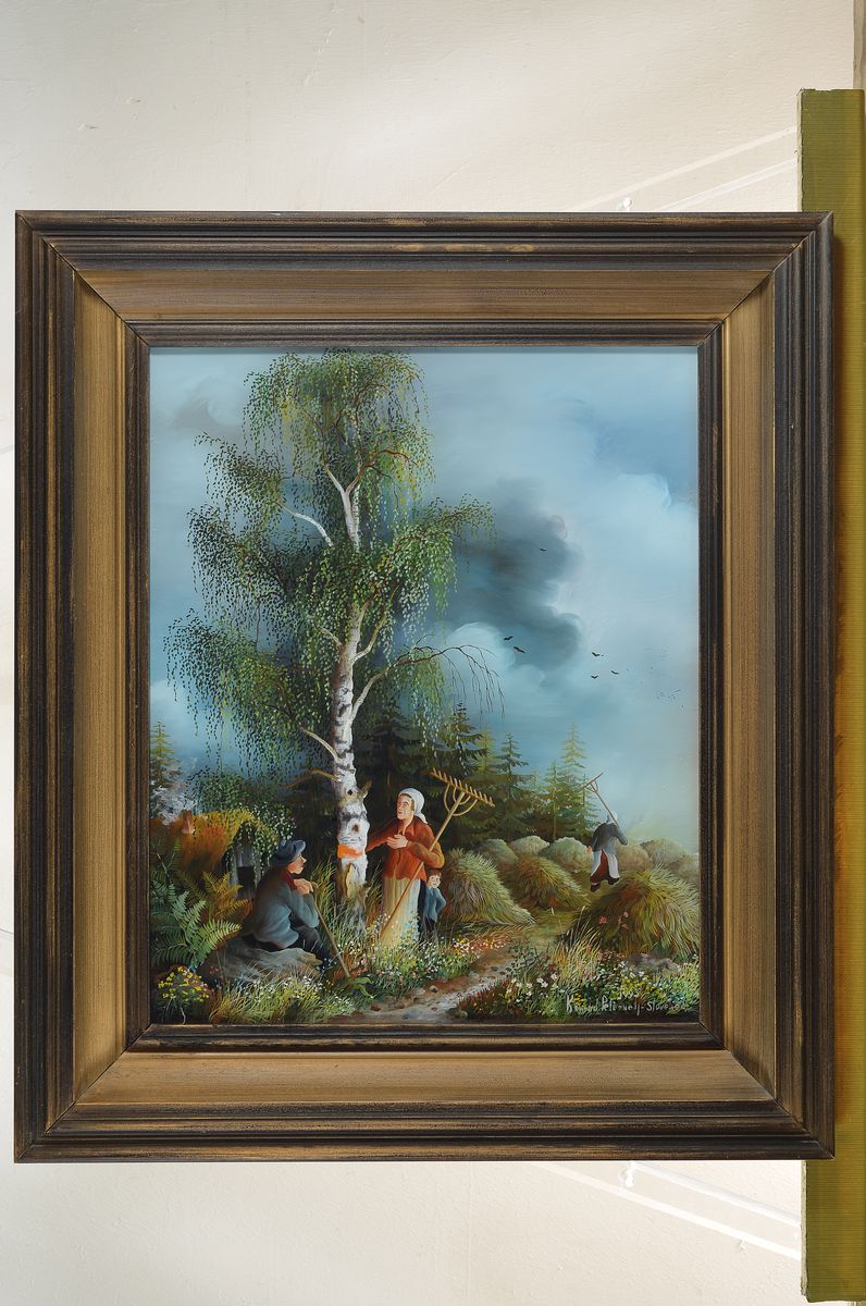 Detail n: Konrad Peternelj, 1936-2000, zwei Hinterglasmalereien: 1x am Lagerfeuer, dat. 1994, signiert, ca. 58 x 45 cm, Rahmen:74 x 61 cm; 1x rastende Bauern ...