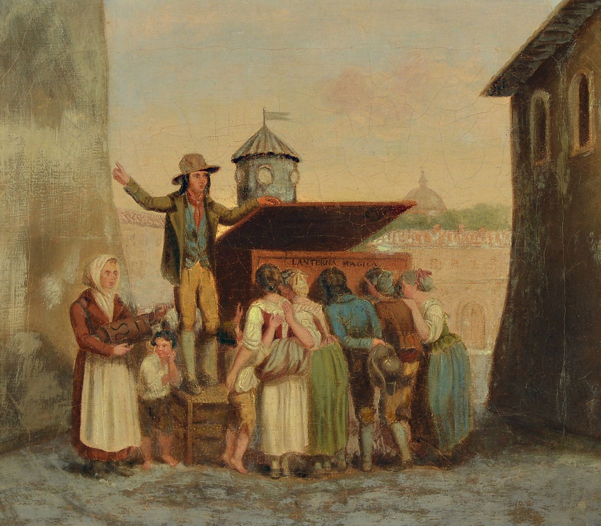 Wohl Niederländischer Künstler, um 1830, zwei Pendants, Straßenkünstler/Gaukler in ital. Straßenansichten, Öl/Lwd, krakeliert, ältere ...